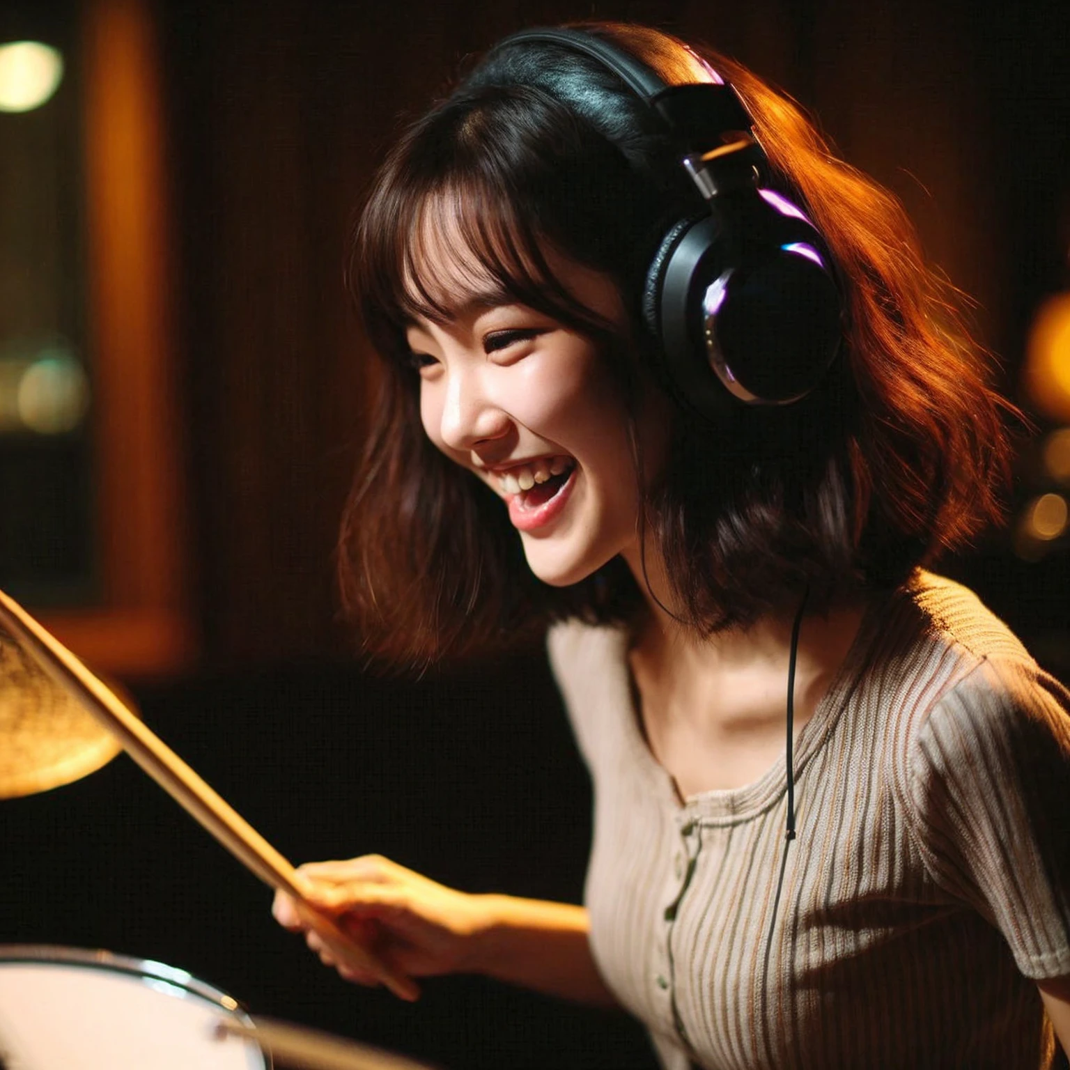a young korean woman playing drum in a recording studio. She is wearing large headphones. she has a joyful expression on her face, medium chest, wavy bob hair, fully immersed in the music. conveying the emotion and intensity of her performance. The background is dimly lit, focusing the attention on her. Describe the atmosphere, the emotions