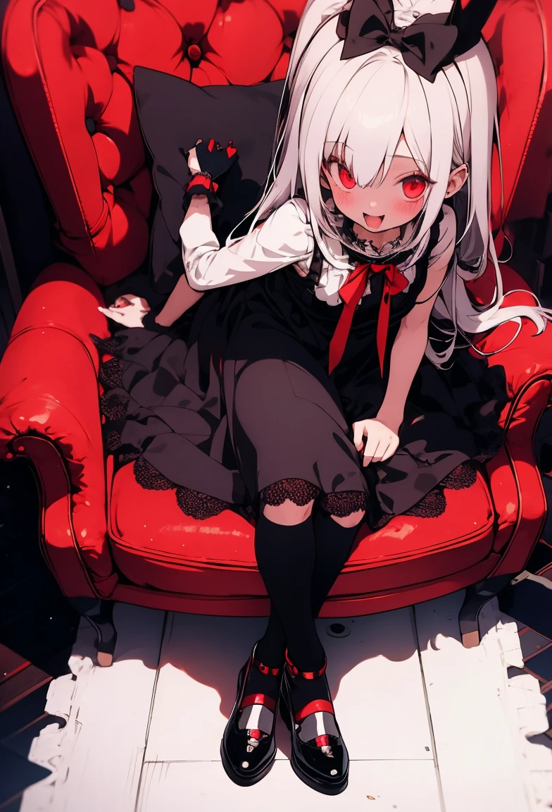 Cute, girly little character, Lolita, big red eyes, white hair, scary face, vampire, witch, black long dress, black heels, dark gothic castle, striped socks, fog, darkness, sitting on the red armchair, in dark gothic cabinet, candels on a table, 
