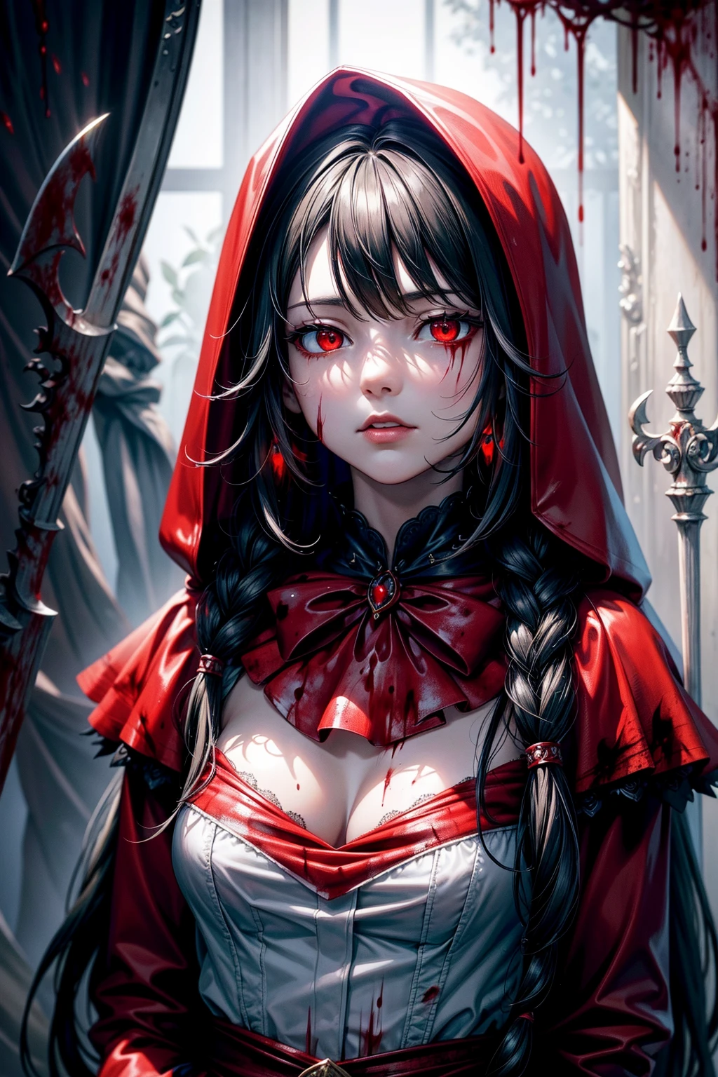 (Highest quality,4K,High resolution,masterpiece:1.2),Super detailed,Realistic:1.37,Portraiture,Dark fantasy,Red color scheme,Soft lighting,Emotional,Enchanted Forest,Ominous atmosphere,Eye-catching,Storytelling,???????,Anime Style,Concept Art,Beautiful detailed face and (((Red eyes ))),Flowing Hair,emotional expression,Jewelry made with attention to detail,A cape with an intricate pattern,Strong gaze,Cape with feather detailing,Subtle Shadows,Dynamic pose,A magnificent composition,Mysterious Background,Natural elements,Moonlit Night,wood々The wind blowing between,Eerie presence,Revealing character strengths and weaknesses,A striking contrast between the red cape and its surroundings,Fascinating story,Rich texture,Depth and Dimension,Highlight the charm and resilience of your characters. (((Little Red Riding Hood))), (Blood splatter:1.5)