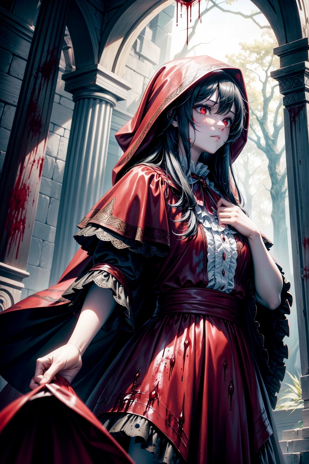 (Highest quality,4K,High resolution,masterpiece:1.2),Super detailed,Realistic:1.37,Portraiture,Dark fantasy,Red color scheme,Soft lighting,Emotional,Enchanted Forest,Ominous atmosphere,Eye-catching,Storytelling,anatomy,Anime Style,Concept Art,Beautiful detailed face and (((Red eyes ))),Flowing Hair,emotional expression,Jewelry made with attention to detail,A cape with an intricate pattern,Strong gaze,Cape with feather detailing,Subtle Shadows,Dynamic pose,A magnificent composition,Mysterious Background,Natural elements,Moonlit Night,wood々The wind blowing between,Eerie presence,Revealing character strengths and weaknesses,A striking contrast between the red cape and its surroundings,Fascinating story,Rich texture,Depth and Dimension,Highlight the charm and resilience of your characters. (((Little Red Riding Hood))), (Blood splatter:1.5)