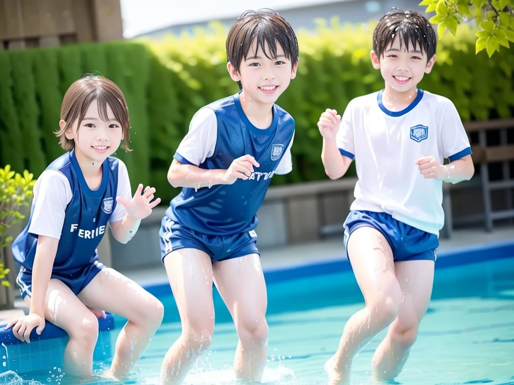 hot summer、、Summer swimming pool、Have fun、Get wet all over、Japan Boy、Glowing water splashes、Pool lessons、Boy playing in water、The happy boys、Strong sunlight、Short sleeve gym uniform、Blue shorts、barefoot，Boys only 、１０age、high resolution、masterpiece