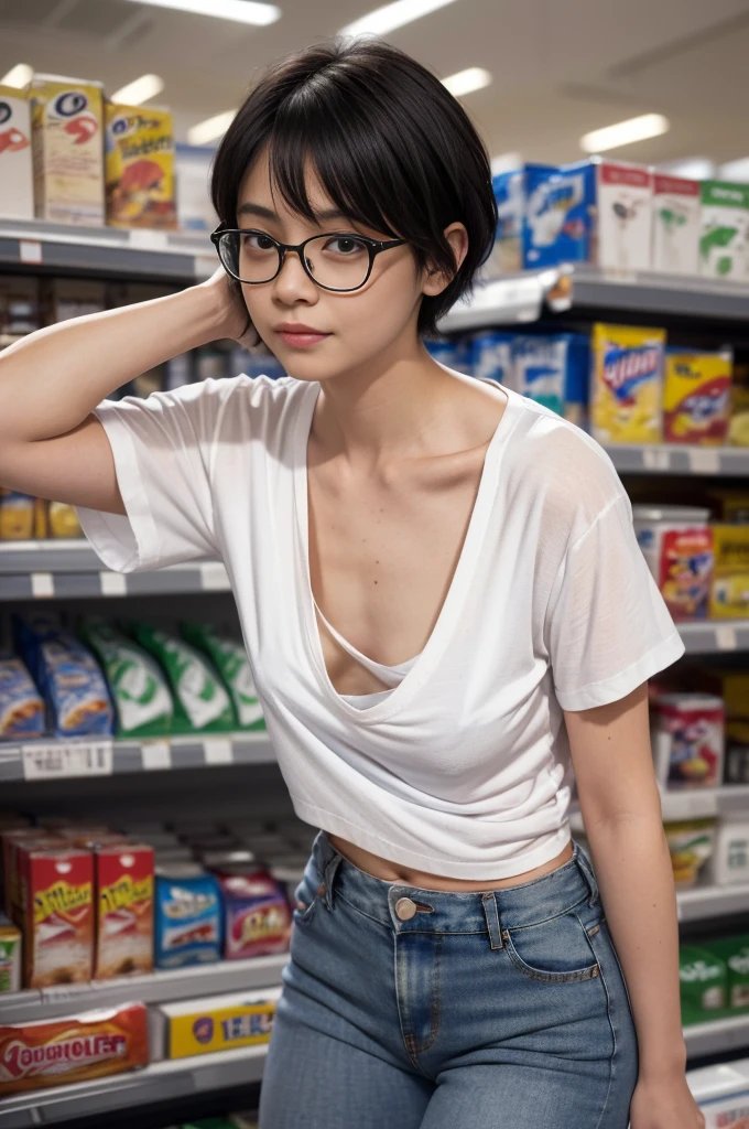 convenience store、reality、japanese woman、white skin、 beautiful girl、medium chest、(knit,jeans pants、)、troubled face、short bob、wavy hair、nipple、A girl leans forward and looks at the products on the shelf、profile