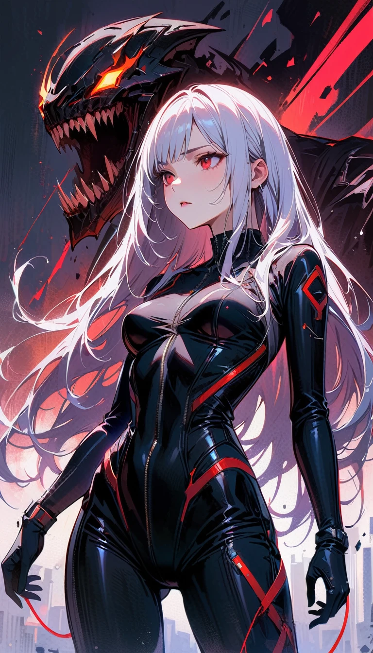 masterpiece, best quality, 8K, number, 1 girl, solitary, stand up, youth, White hair, Long White hair, Hair accessories, Red Eyes, Round pupil, Emotionless expression, Blood, Mechanical Parts, electric wire, cable, Failure Effect, Shocking, Science fiction, Futuristic, The background is darker, neon, Cyberpunk Characters, Surrealism, Strange, Disturbing, Creepy, Shocking, One-piece Pants,Red Eyes,venom,Black,Long black gloves,One-piece Pants,Tight latex bodysuit,Highlight her graceful figure,Wrap the whole body,Symbiote,((Sexy highlighted)),One-piece Pants,Red Eyes,venom,Black,Long black gloves,One-piece Pants,Black latex suit,Blood-Red Eyes,best quality, high resolution, Very detailed, Vivid texture, mask, Tight latex bodysuit, Bangs,Purple Hair, blue eyes