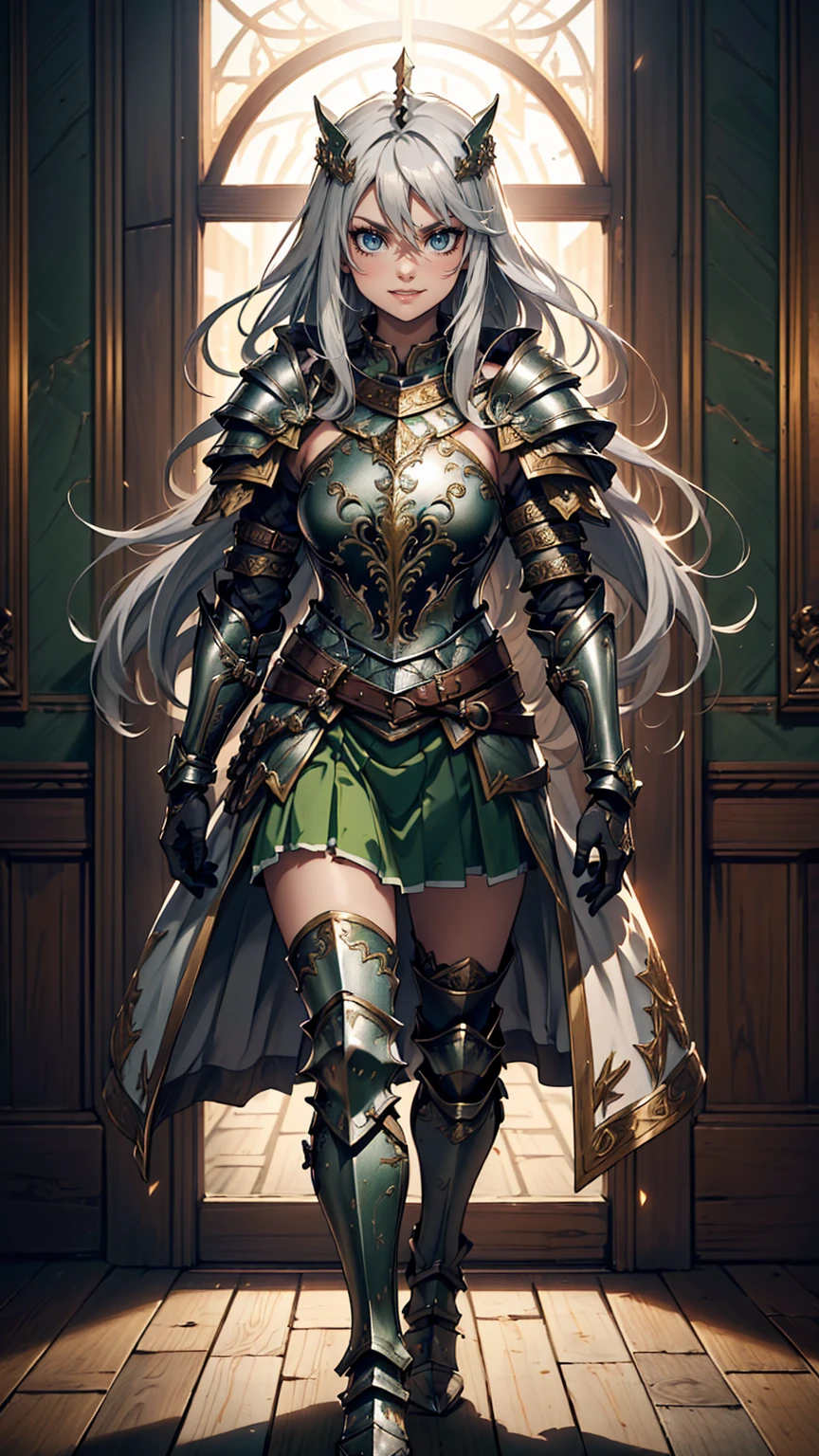 最high quality、Ultra High Definition, Ultra High Quality, Hyper Definition, Hyper Quality, Hyper Detailed, Extremely Detailed, Perfectly Detailed, Best image quality、masterpiece、anime woman((20-year-old、super dynamic pose , Green solid eyes, Silver long Hair、Disheveled Hair、Long White Hair, Glove、Green Skirt, Noble Armor, Smirk, cheerful expression, Detailed Cuirass , Dressed in Full Coverage Noble Plate Armor, leg armor)),high quality、Beautiful art、background((Inside the mansion))、Written boundary depth、 movie、Visual Arts、Perfect art、8K,Genuine、