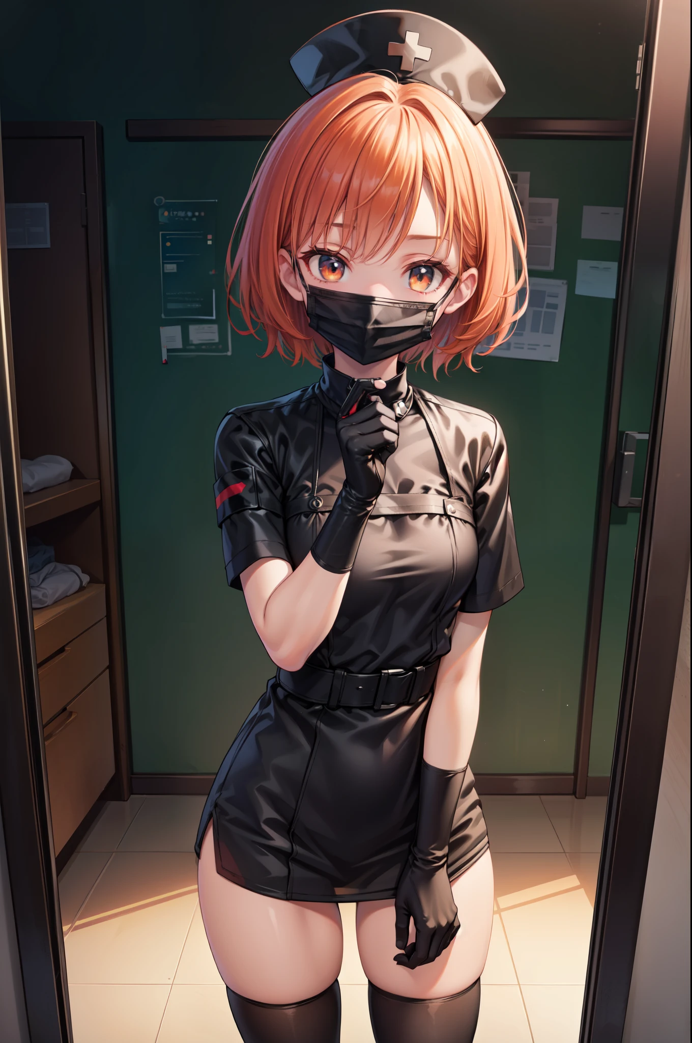black nurse, 1girl, solo, black nurse cap, black nurse uniform, ((black legwear, zettai ryouiki)), black elbow gloves, very short hair, orange hair, ((black surgical mask, covered nose)), standing, ((surgery room)), sharp outline, short sleeves, tomboy, boyish, best quality, masterpiece