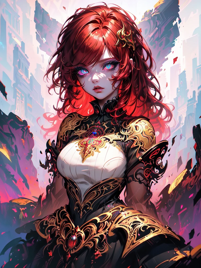 Red hair color,(masterpiece, best quality),(1 lady),(solo),(artstation),(dynamic),(charming),(magical),(unreal engine),(fantastically beautiful),(illustration),(dramatic lighting),(rave background),(neon glow),(maximalist),(extremely detailed eyes and face),(long eyelashes),(intricate details),(vibrant colors),(cinematic lighting),(fantasy portrait)