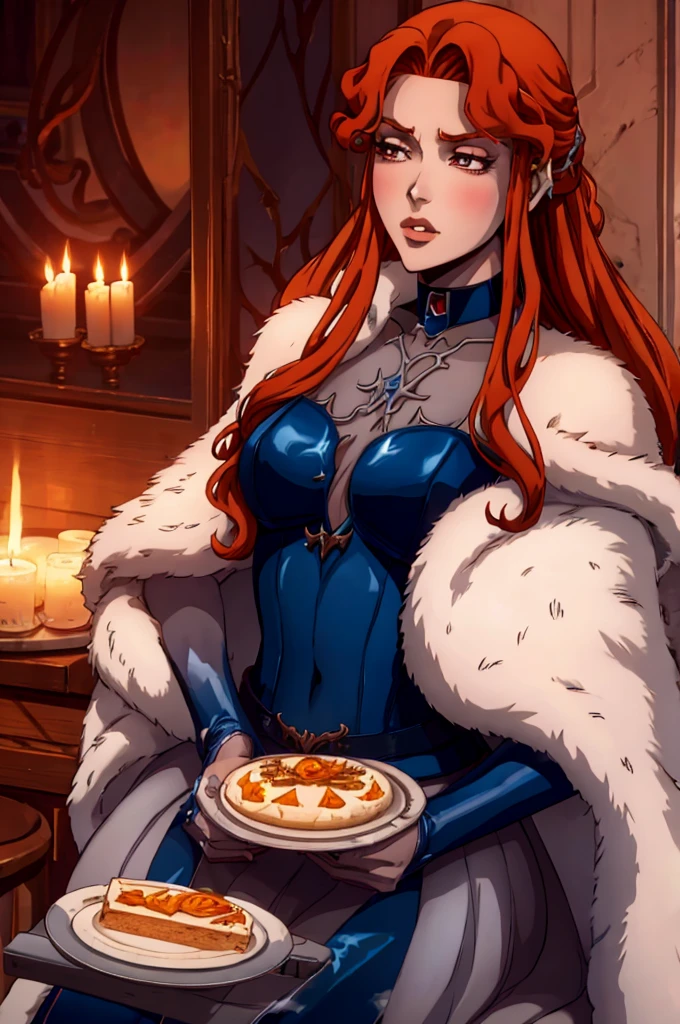 Lenore - Castlevania, sexy vampire girl with orange hair, nude, blue stockings, blue choker, girl holding a cake with "100" written on it