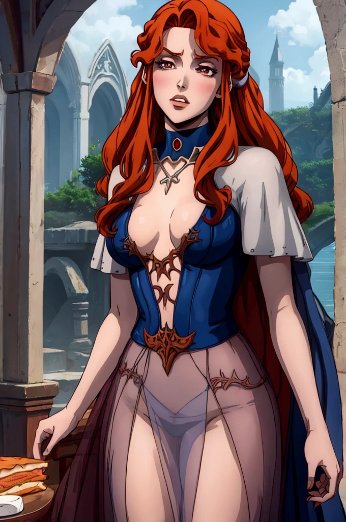 Lenore from Castlevania, Sexy vampire girl with orange hair  holds a cake with "one hundred" written on it, nude , blue choker, blue stockings