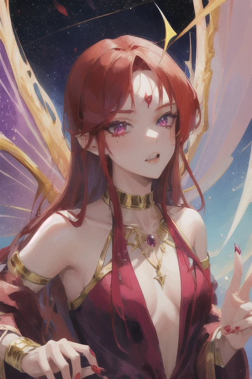 Girl, Red hair vaillian,gold crown, violet eyes, evil face, fairy wings