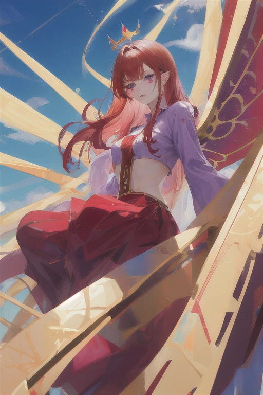 Girl, Red hair vaillian,gold crown, violet eyes, evil face, fairy wings