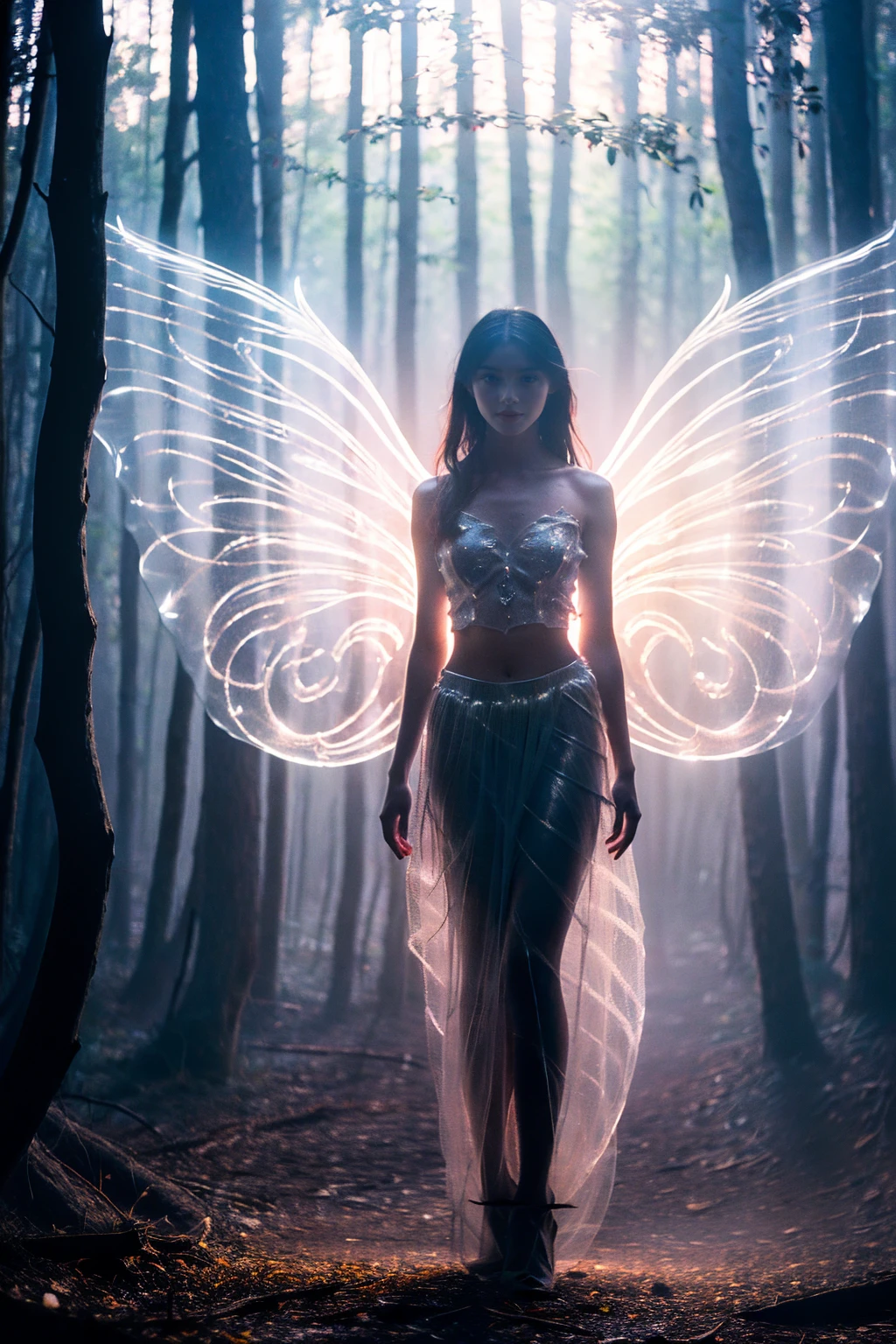 A girl, solo, glowing eyes, pretty face, angel wings, fairy skirt, veil, full body photo, looking at the viewer, photography style, mysterious lake, hazy beauty, fantasy feeling, mysterious feeling, reality, detail , ultimate characterization, atmospheric lighting