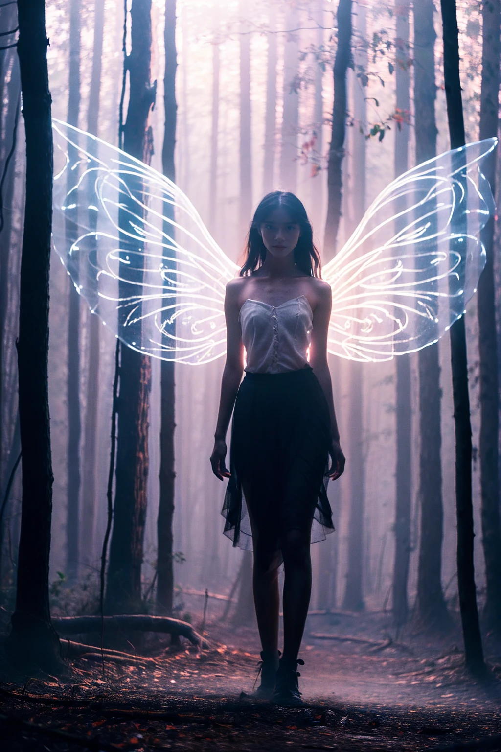 A girl, solo, glowing eyes, pretty face, angel wings, fairy skirt, veil, full body photo, looking at the viewer, photography style, mysterious lake, hazy beauty, fantasy feeling, mysterious feeling, reality, detail , ultimate characterization, atmospheric lighting