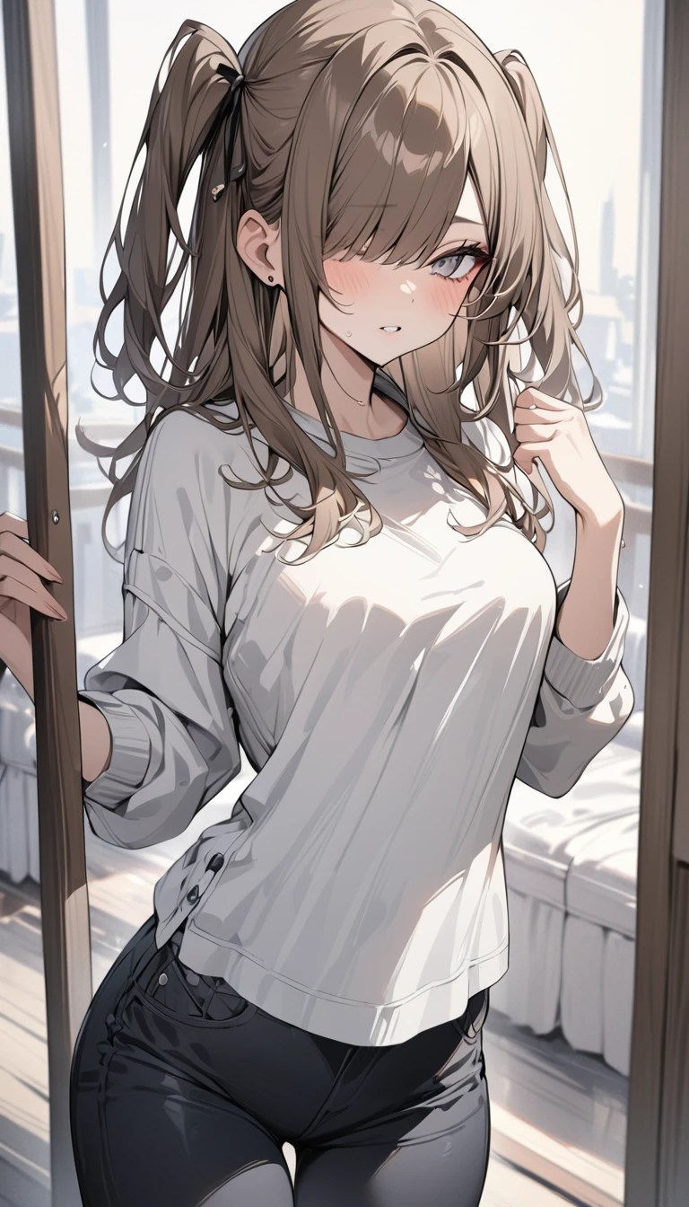 (Highest qualityのイラスト:1.2), (pretty girl:1.1), (1 girl、、Highest qualityのイラスト:1.2), (1 girl、Small breasts、blue eyes)、 Brown Hair、short hair、Wavy Hair、Curly Hair、Low Twintails、(Highest quality、Very detailed、Very detailed and beautiful、Ultra-high resolution) 、from side, Gazing into the distance、Morning bedroom、Changing clothes、White business shirt, open shirt,Light blue striped underwear、