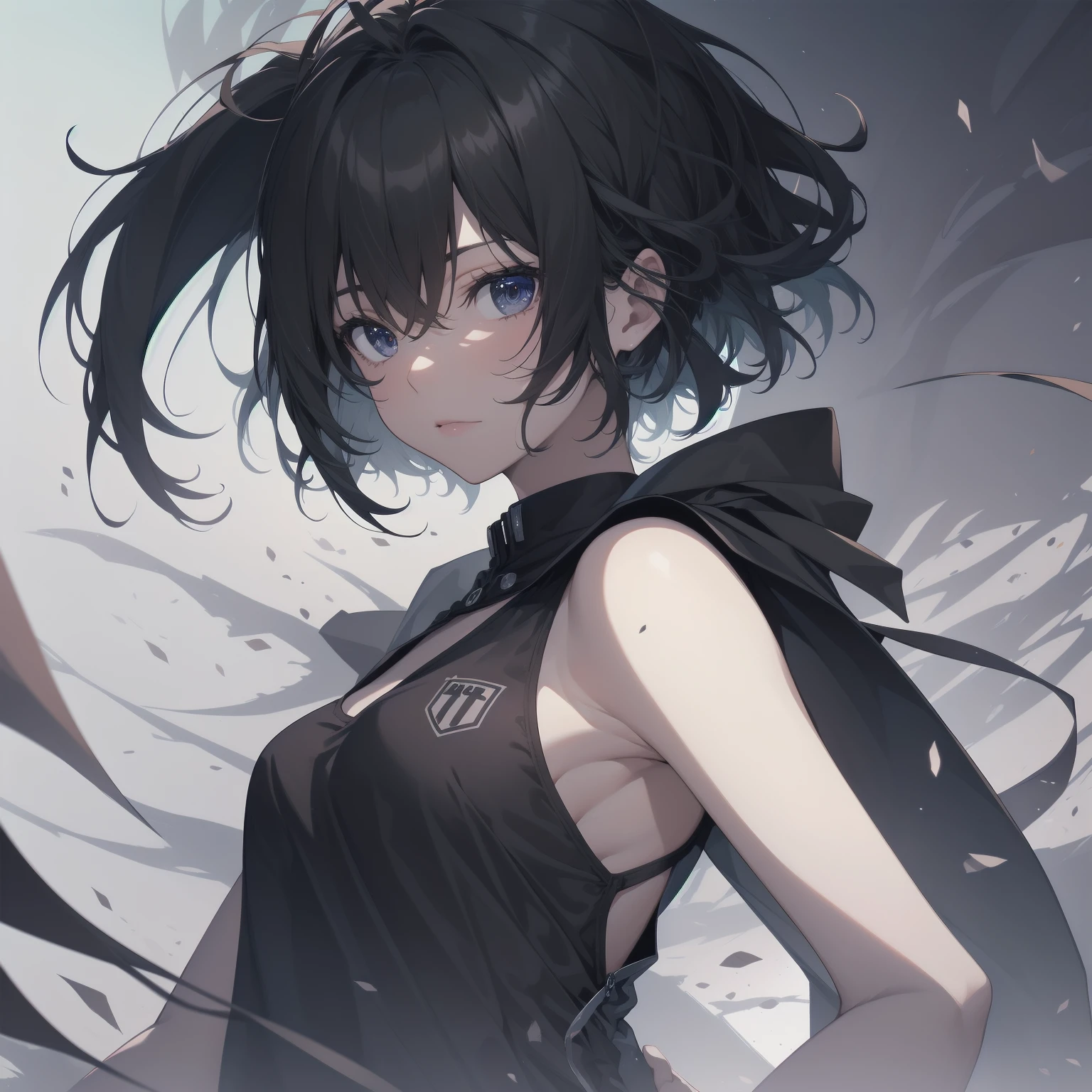 cartoon, mari,black hair,makeup, black eyes, hair over one eye, upper body, grey dress,sleeveless,black sash,choker,pantyhose,dress skirt, fingerless gloves,