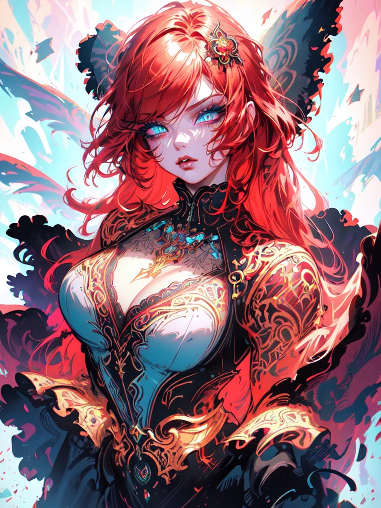 Red hair color,(masterpiece, best quality),(1 lady),(solo),(artstation),(dynamic),(charming),(magical),(unreal engine),(fantastically beautiful),(illustration),(dramatic lighting),(rave background),(neon glow),(maximalist),(extremely detailed eyes and face),(long eyelashes),(intricate details),(vibrant colors),(cinematic lighting),(fantasy portrait)