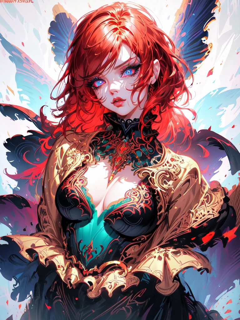 Red hair color,(masterpiece, best quality),(1 lady),(solo),(artstation),(dynamic),(charming),(magical),(unreal engine),(fantastically beautiful),(illustration),(dramatic lighting),(rave background),(neon glow),(maximalist),(extremely detailed eyes and face),(long eyelashes),(intricate details),(vibrant colors),(cinematic lighting),(fantasy portrait)