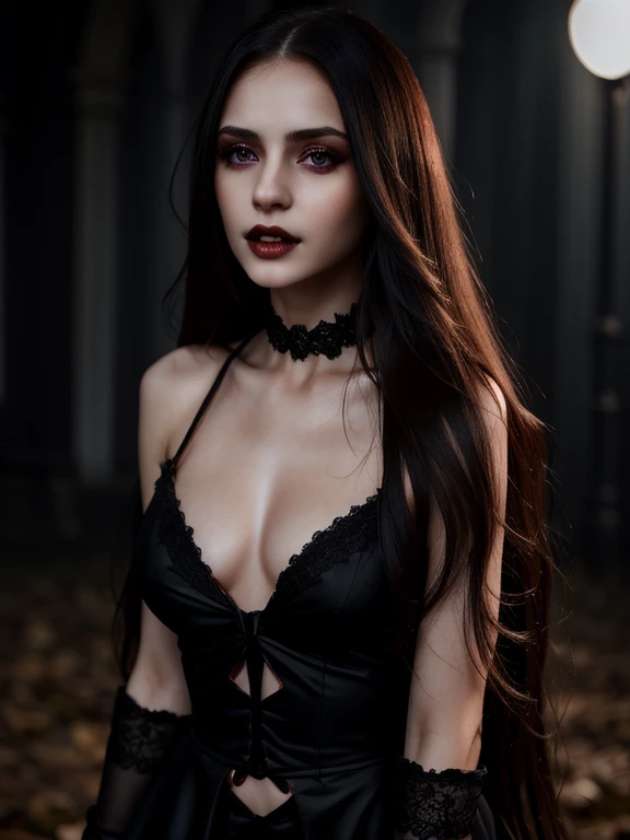Photorealistic portrait of a vampire girl, long light hair, Young woman, standing at full height in the dark, She is wearing a black short dress with a plunging neckline, Beautiful breasts, detailed chest, Black openwork stockings, black high heels, Detailed face, dark makeup, Seductive look, (sexual) Outside, fangs visible, Blood runs down his lips, bright glowing eyes. long light hair, realism, pale detailed skin, bright red eyes, very detailed skin, loose hair, Realistic skin, Gothic attire, Canon,4K, mysterious, Gothic, Sexy beautiful vampire girl, High 8K Image Quality, detailed image 16K.