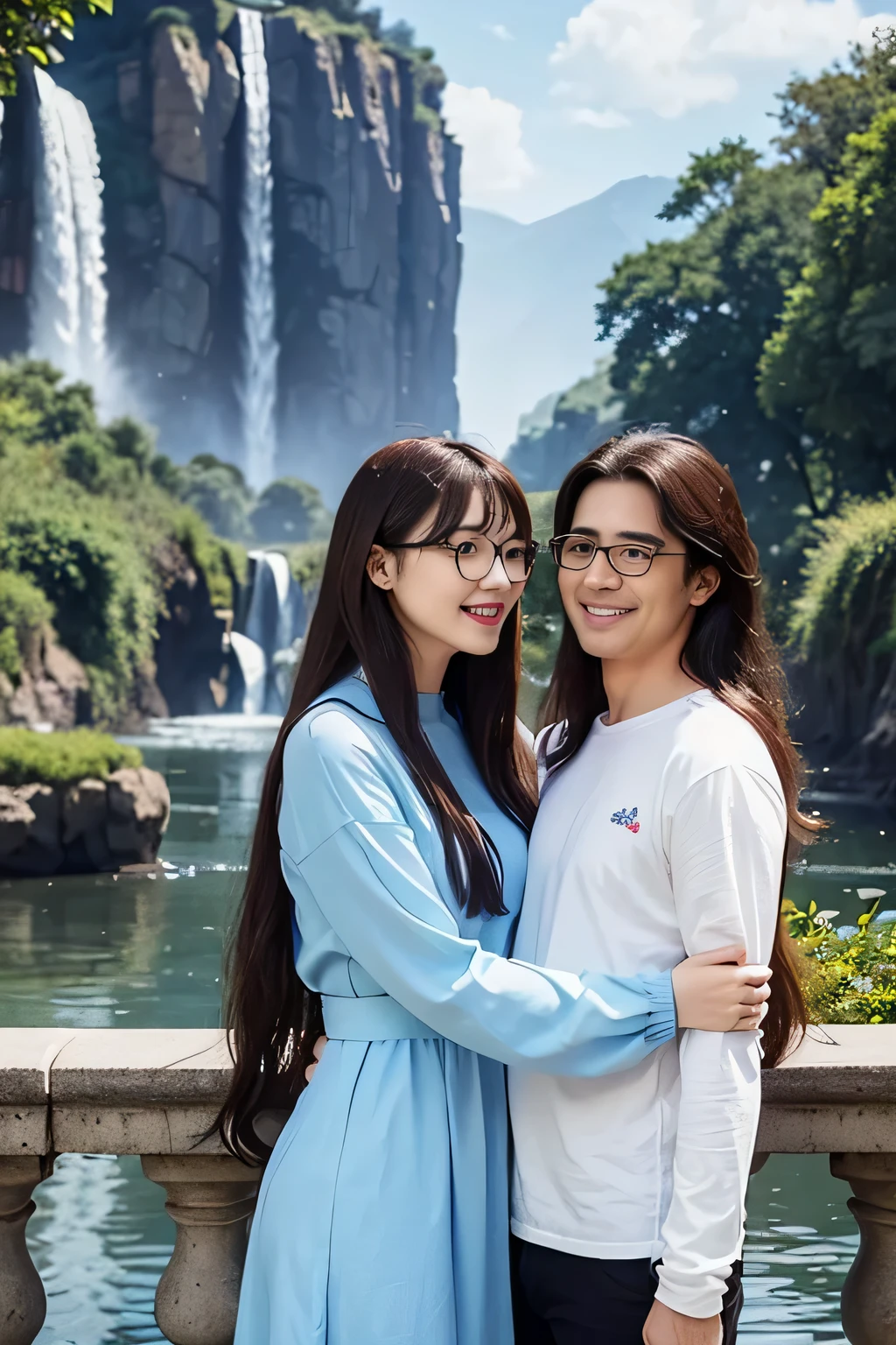 masterpiece, cute, romantic, best quality, 2others, couple, mature, adult, height difference, different fashion, different color, casual clothes, long sleeves, smile, happy, love, swirling wind, blue sky, long haired man, light brown haired man, black haired woman, long haired woman, bespectacled woman, castle, waterfall