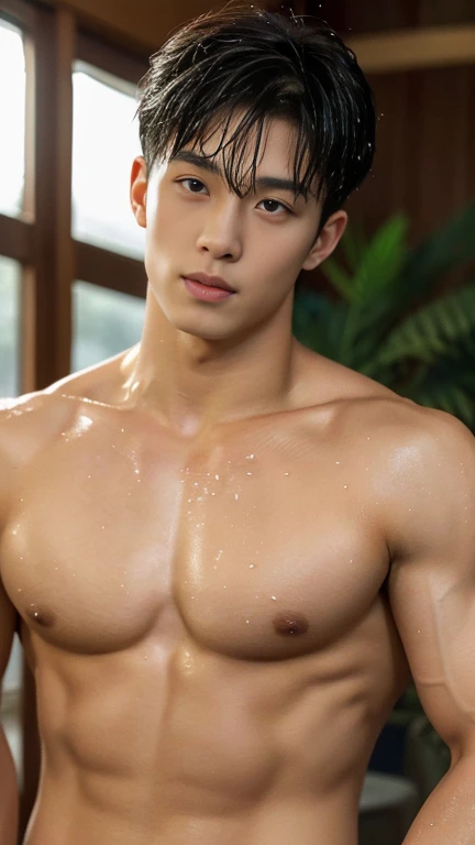 (Photorealistic: 1.2, Top Quality, 8k, Wet: 1.3), (Man, hands on his chest), 20-year-old blonde Ukrainian bodybuilder boy show his big penis, , full naked, actor, open yukata, no underwear, (sweat: 1.2, wet: 1.2), fine skin, (film lighting, chest hair, arm hair), soft light, double eyelids, (seductive), (((excited)), full naked, expose his big penis, men penis, corrected penis, smooth shinning skin,