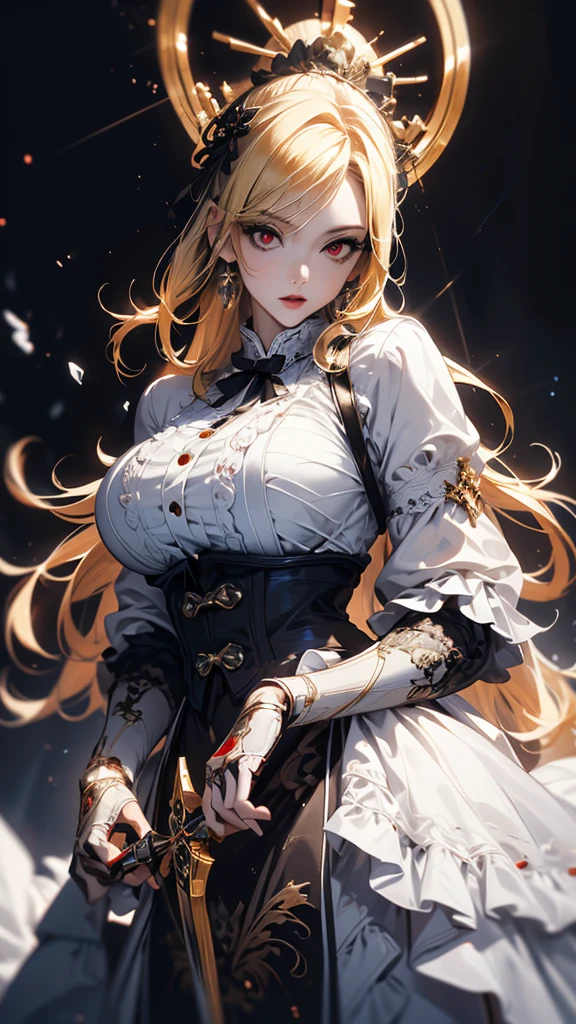 masterpiece, high quality, 4K, Beautiful design, silhouette,blonde, Highly detailed and amazing starry sky, Finer details, Very knowledgeable woman, Highly detailed solo, 1 female,Red eyes,Big Breasts,White Lolita Fashion,cross,