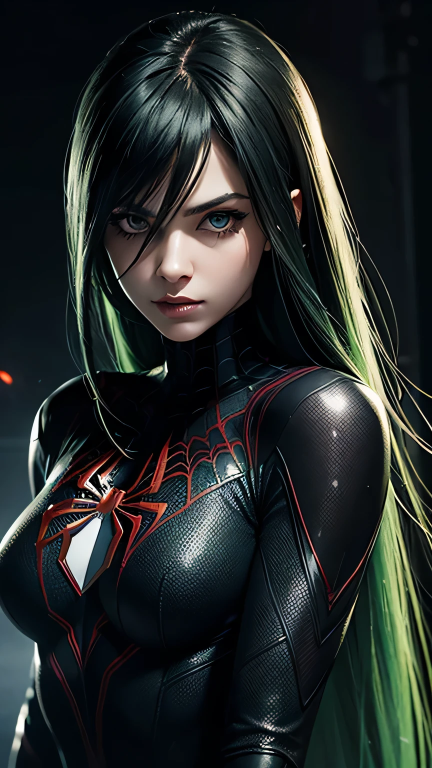 spider-woman, black suit, dangerous, beautiful eyes, green hair, half body, masterpiece, ultra high details, dark side background, laze matrix background