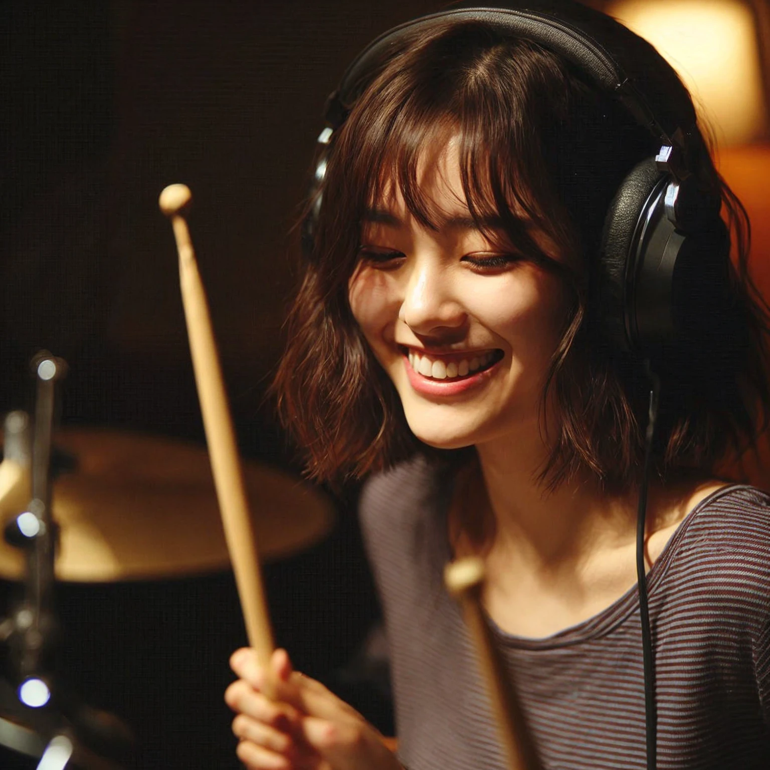 a young korean woman playing drum in a recording studio. She is wearing large headphones. she has a joyful expression on her face, medium chest, wavy bob hair, fully immersed in the music. conveying the emotion and intensity of her performance. The background is dimly lit, focusing the attention on her. Describe the atmosphere, the emotions