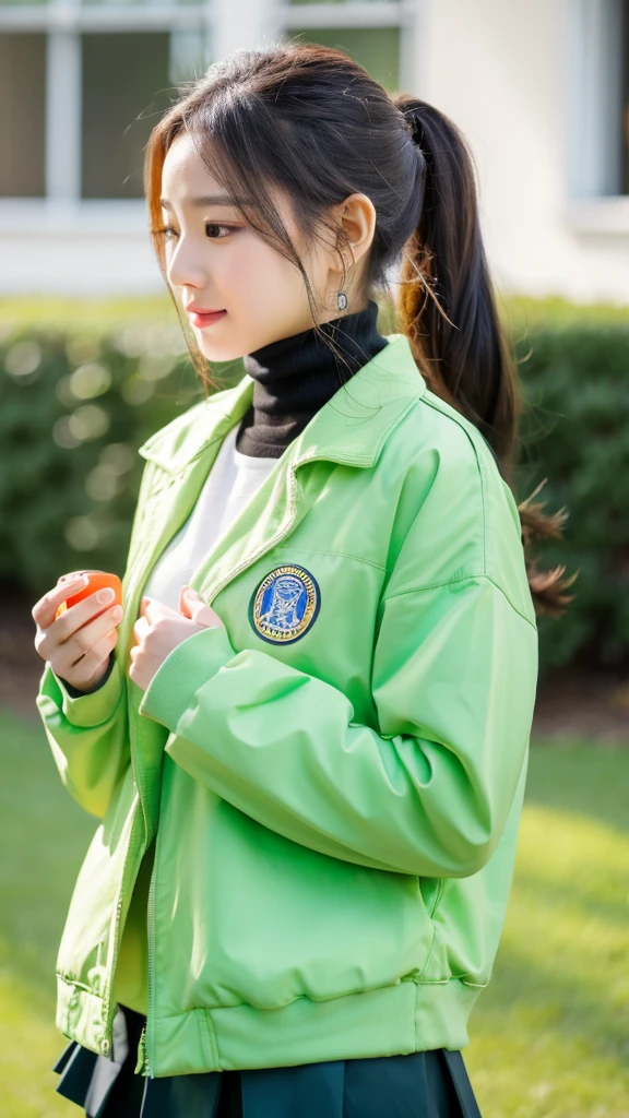 She is wearing a green school jacket with white sleeves., and her smooth green hair is tied into a ponytail with a red ribbon. She's wearing jeans and gray sneakers.She has green eyes and green hair
