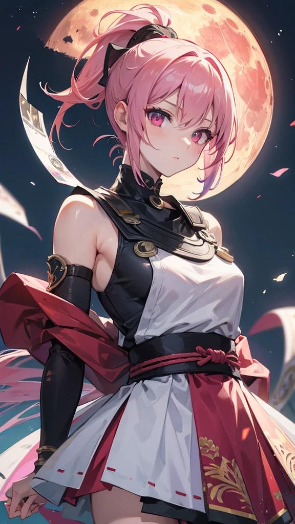 Best quality, Ultra detailed, best quality, insanely detailed, beautiful, masterpiece, 8k, 
break  
(full moon:1.2),  red moon, eye patterned moon, 
break 
1lady, solo, pink hair, (short hair:1.2), (high ponytail :1.5), yellow ribon ,ultra deltailed iris, red eyes, ultra detailed eyes, triple circle patterned eyes, kunoichi wear, pink wear,  no pattered wear yellow skirf, skirf covered mouth,
Break
Upper body, from front,  nsfw,