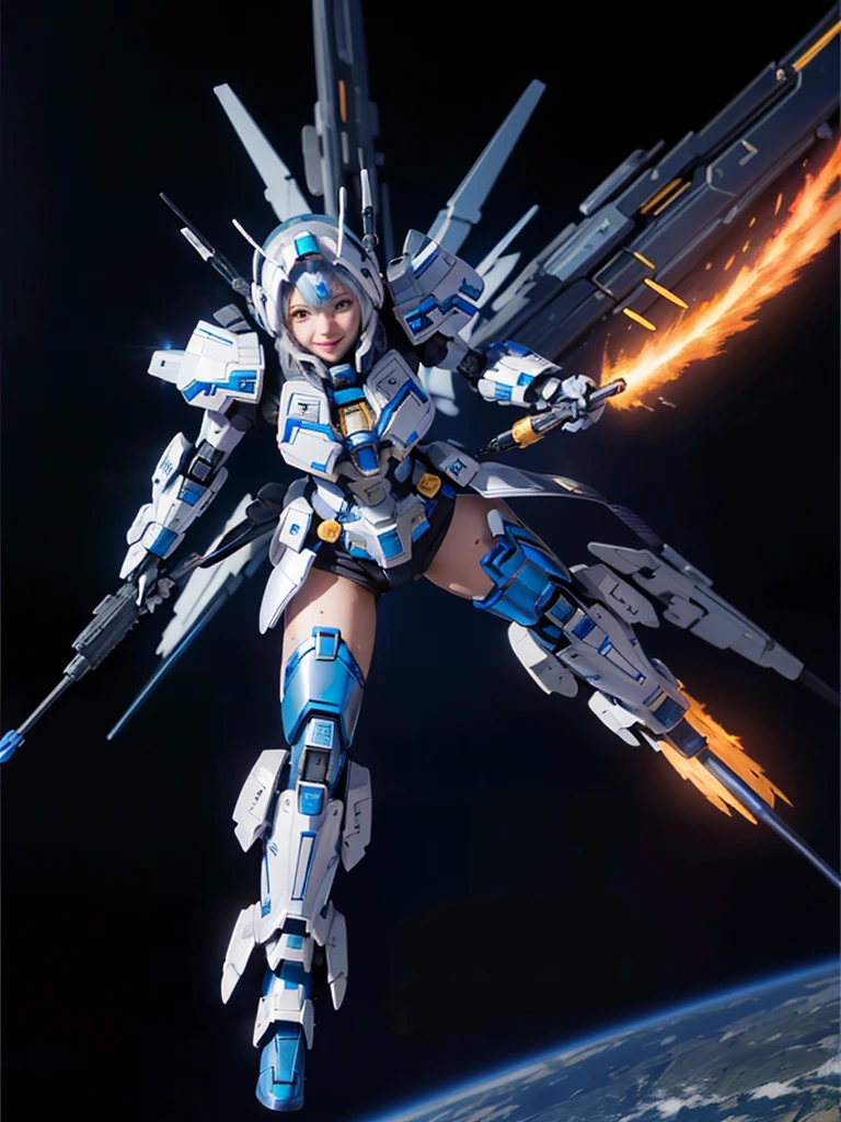 masterpiece,top-quality,Ultra-detail,very detailed illustration,ighly detailed,intricate-detail,hight resolution,super complex details,Highly detailed 8k CG wallpapers, mecha musume, machine components, Robot Joint, head gear, 1girl in,solo, mecha musume, red blush,is standing,cowboy shot, starryskybackground, Background with, Shining black metallic armor、Symmetrical Full Armor、Symmetrical mechanical wing、Funnel mounting、highleg, A smile,Being in the air、are flying、Holding a beam rifle and firing in flight、Sniping with a beam rifle in flight、