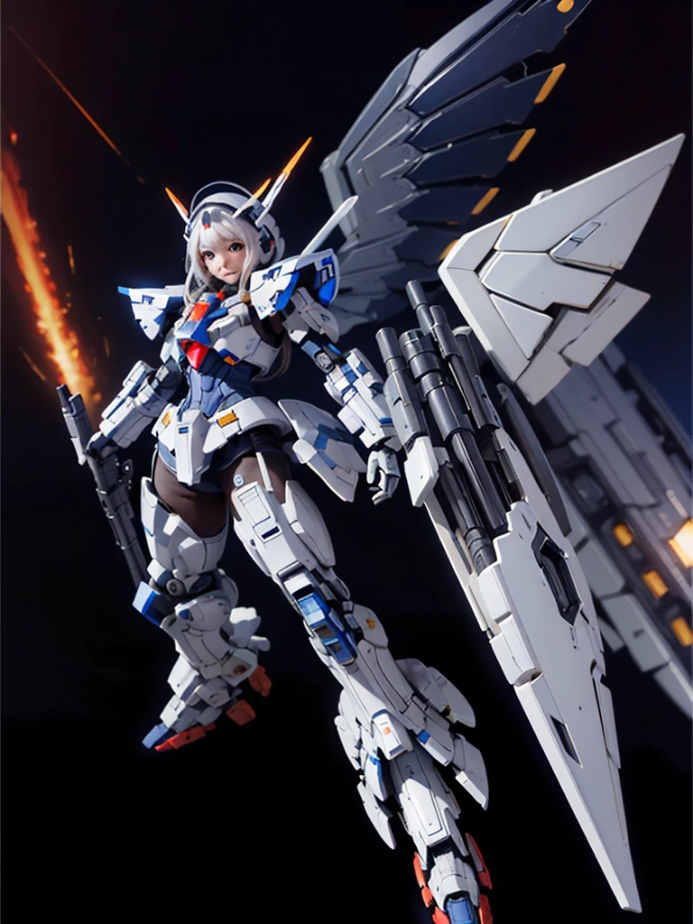 masterpiece,top-quality,Ultra-detail,very detailed illustration,ighly detailed,intricate-detail,hight resolution,super complex details,Highly detailed 8k CG wallpapers, mecha musume, machine components, Robot Joint, head gear, 1girl in,solo, mecha musume, red blush,is standing,cowboy shot, starryskybackground, Background with, Shining black metallic armor、Symmetrical Full Armor、Symmetrical mechanical wing、Funnel mounting、highleg, A smile,Being in the air、are flying、Holding a beam rifle and firing in flight、Sniping with a beam rifle in flight、