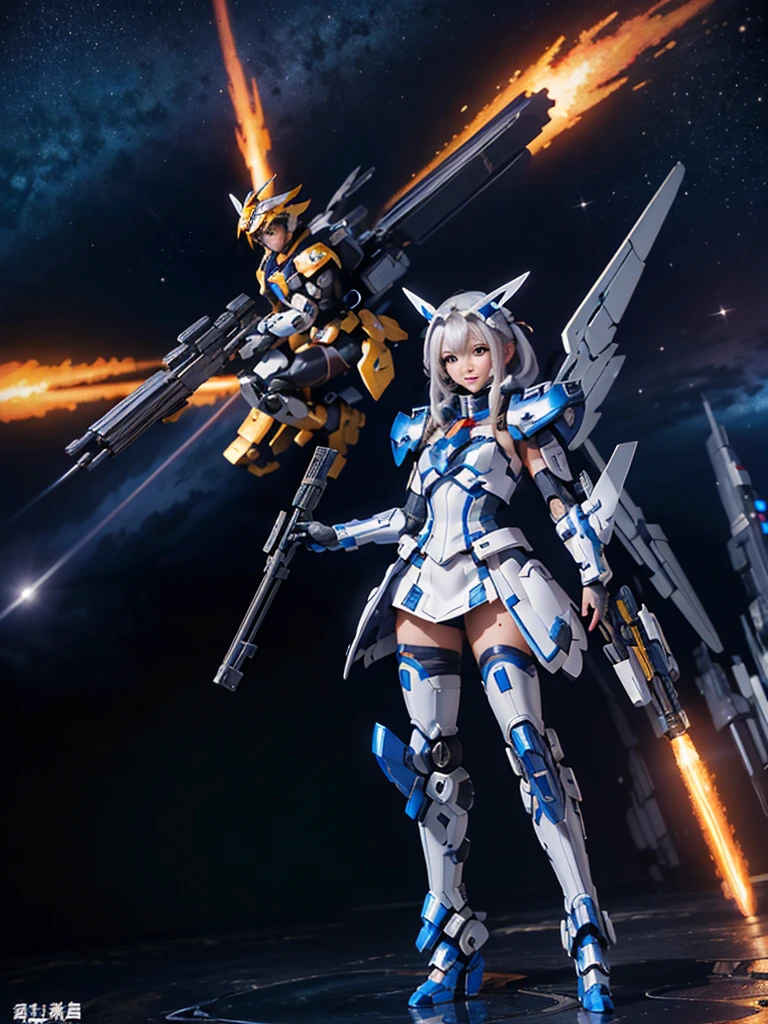 masterpiece,top-quality,Ultra-detail,very detailed illustration,ighly detailed,intricate-detail,hight resolution,super complex details,Highly detailed 8k CG wallpapers, mecha musume, machine components, Robot Joint, head gear, 1girl in,solo, mecha musume, red blush,is standing,cowboy shot, starryskybackground, Background with, Shining black metallic armor、Symmetrical Full Armor、Symmetrical mechanical wing、Funnel mounting、highleg, A smile,Being in the air、are flying、Holding a beam rifle and firing in flight、Sniping with a beam rifle in flight、
