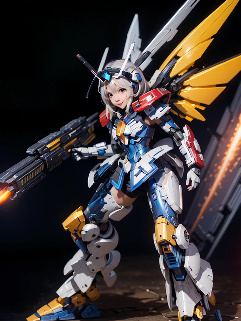 masterpiece,top-quality,Ultra-detail,very detailed illustration,ighly detailed,intricate-detail,hight resolution,super complex details,Highly detailed 8k CG wallpapers, mecha musume, machine components, Robot Joint, head gear, 1girl in,solo, mecha musume, red blush,is standing,cowboy shot, starryskybackground, Background with, Shining black metallic armor、Symmetrical Full Armor、Symmetrical mechanical wing、Funnel mounting、highleg, A smile,Being in the air、are flying、Holding a beam rifle and firing in flight、Sniping with a beam rifle in flight、