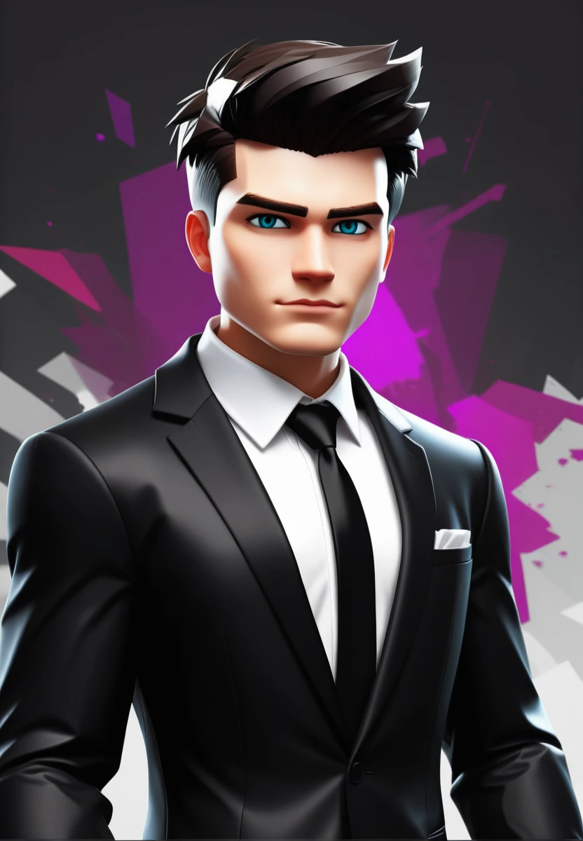create a colorful and eye-catching roblox GFX masterpiece, a black suit white shirt, black tie
