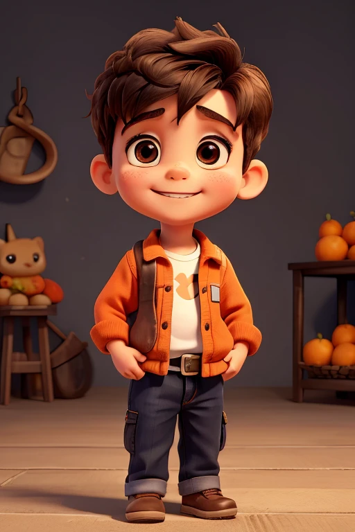a , holding two mameyes or sapotes, one of them is open and the other is closed, the boy is smiling, the background of the image is orange.