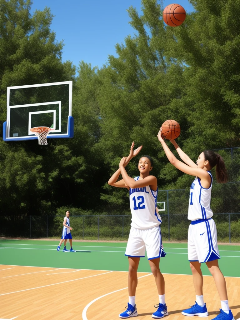 (Masterpiece), (intriciate detail), (Photorealistic:1.3), (film grain:1.3), 2 cute 22-year-old girls, Throwing a ball into a basketball hoop , Outdoor, Basketball playground on the street,