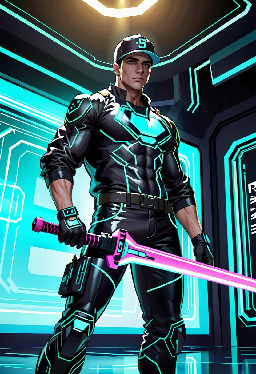 Movie shot, 1 baseball player in cyberpunk style costume in a very sci-fi holographic image arena, holding a bat, confidently facing the opponent in front of him, spotlight, attention, super detail