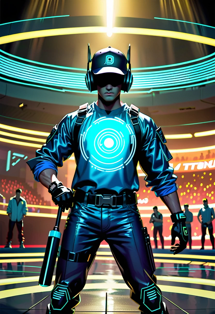 Movie shot, 1 baseball player in cyberpunk style costume in a very sci-fi holographic image arena, holding a bat, confidently facing the opponent in front of him, spotlight, attention, super detail
