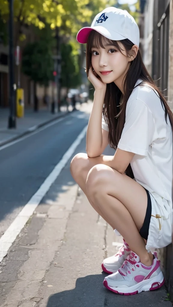 (masterpiece, best quality:1.1), (8k, raw photo, photo realistic:1.2, f22), (shiny skin), detailed skin,long hair,ribbon,detailed face, detailed eyes,smile,BREAK, real world, intricate details, smil, BREAK, 1girl, full body,(camouflage,short sleeve,cap,sneakers),BREAK, (street:1.4)