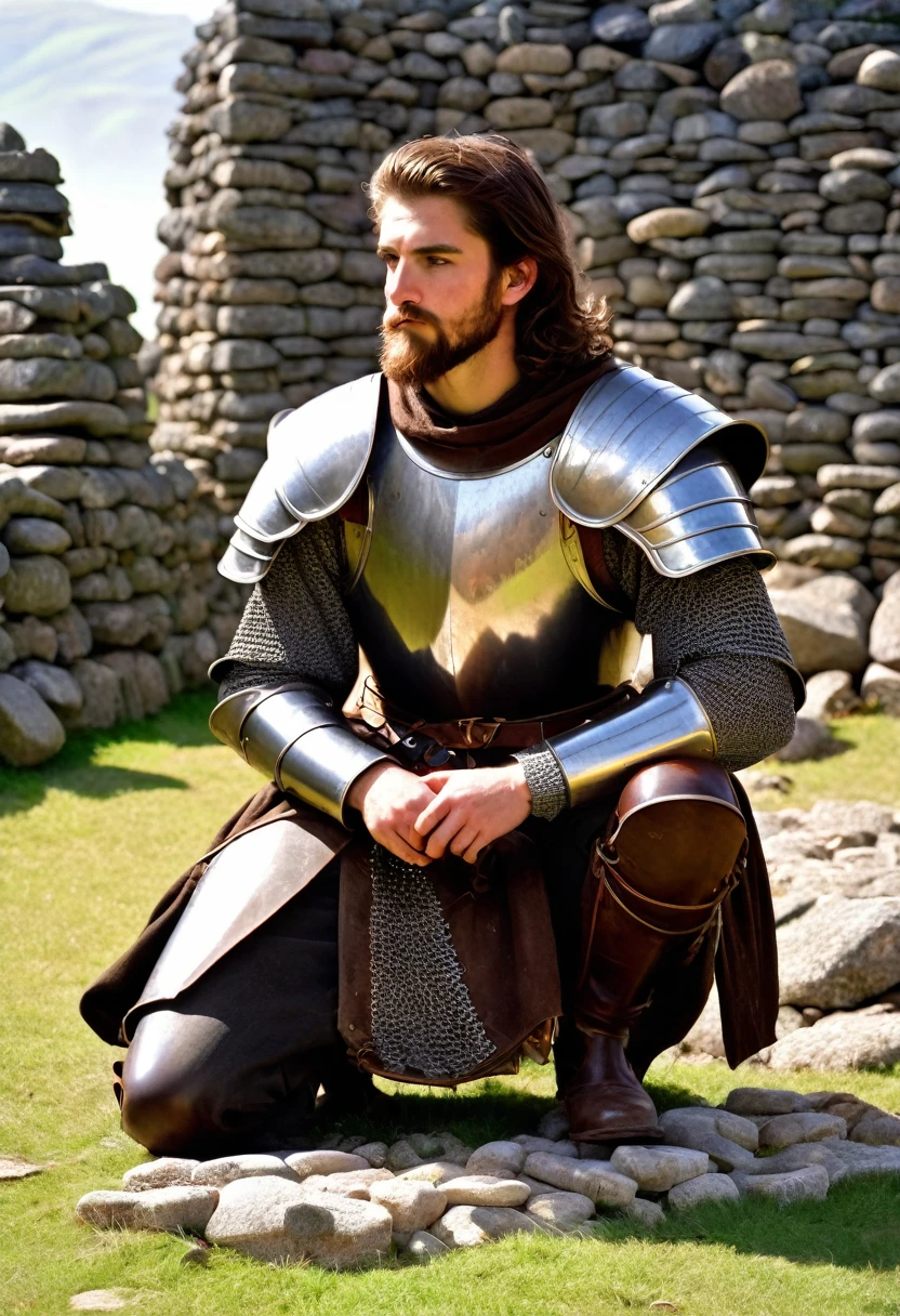25 year old knight wearing bruised partially plate partially leather, brown hair, plain face, brown beard, medium height, plain looking, is kneeling in front of a number of cairns that are made of building stones. In the background the ruins of a small tower is visible