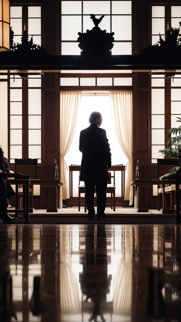 "A formal setting with Eiichi Shibusawa and silhouettes of Japanese politicians from the Meiji period, symbolizing his influence and connections in political circles."