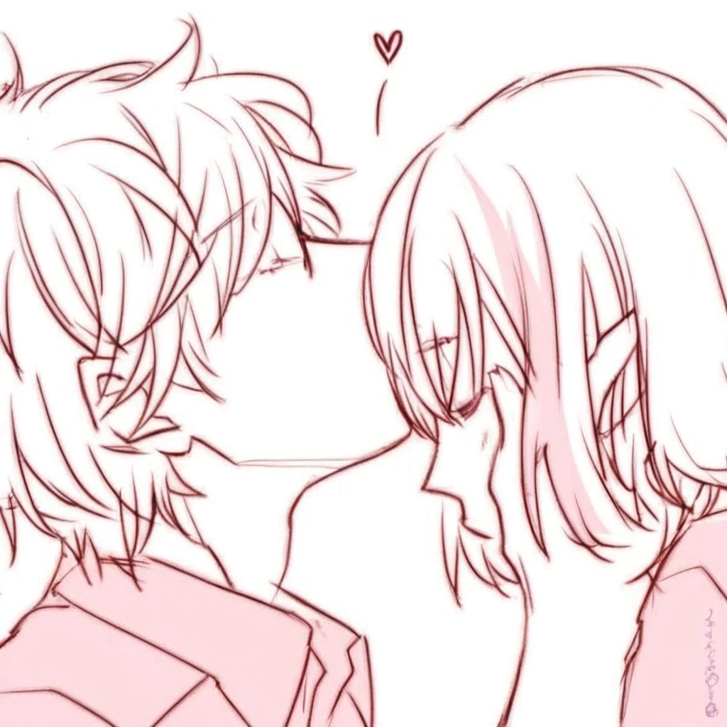 , lineart by Naka Bokunen, tumblr, conceptual art, kissing together cutely, sasoura, marton gyula kiss ( kimagu ), mischievous!!, lovely kiss, gapmoe yandere, distant!!, 8k!!, kissing together A kiss on the forehead