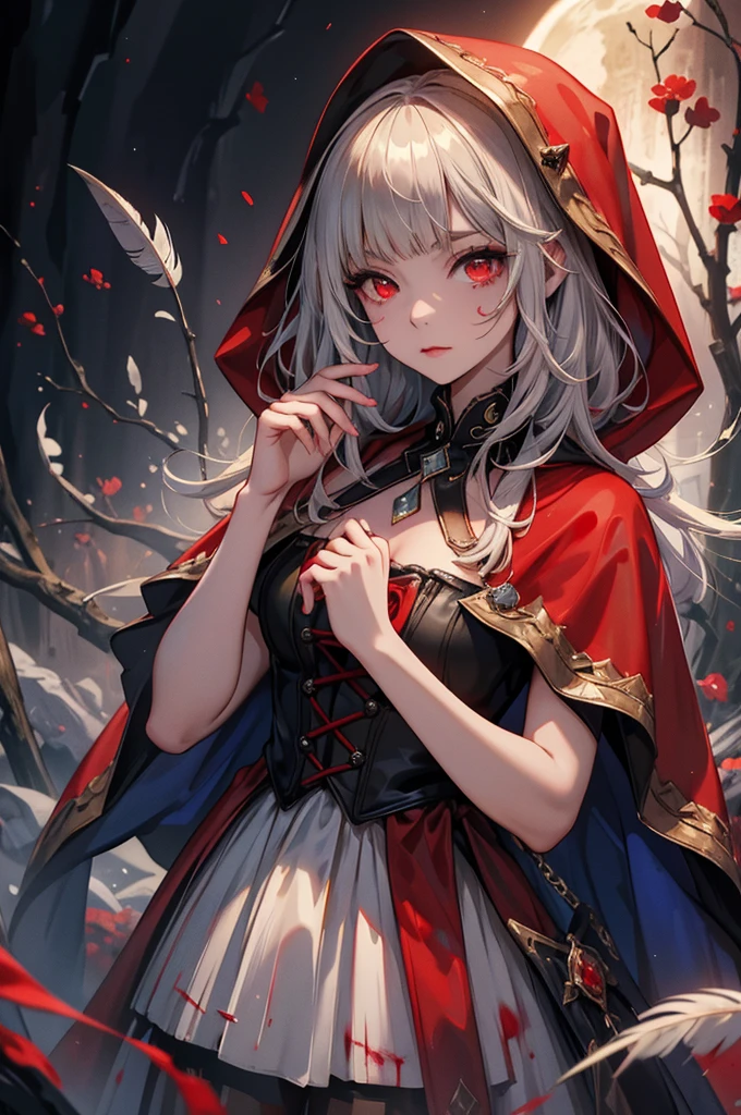 (Highest quality,4K,High resolution,masterpiece:1.2),Very detailed,Realistic:1.37,Portraiture,Dark fantasy,Red color scheme,Soft lighting,Emotional,Enchanted Forest,Ominous atmosphere,Eye-catching,Storytelling,anatomy,Anime Style,Concept Art,Beautiful detailed face and (((Red eyes ))),Flowing Hair,emotional expression,Jewelry crafted with attention to detail,A cape with an intricate pattern,Strong gaze,Feathered Cape,Subtle Shadows,Dynamic pose,Great composition,Mysterious Background,Natural elements,Moonlit Night,wood々The wind blowing between,Eerie presence,Reveal personality strengths and weaknesses,A striking contrast between the red cape and its surroundings,Fascinating story,Rich texture,Depth and Dimension,Highlight the charm and resilience of your characters. (((little red riding hood))), (Blood splatter:1.5)