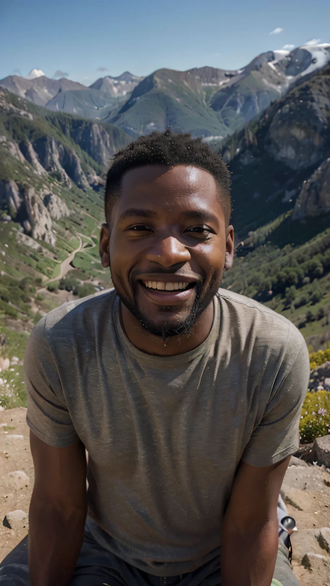 ((long distance shot:1.5)), a black man, small beard, wrinkled, weathered, with piercing eyes, laughing, detailed face, high details, climbing on the mountain, mountain on the background