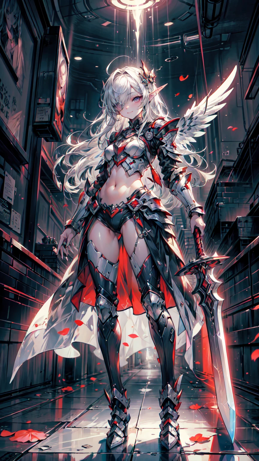 ((4K,masterpiece,Highest quality)), Maxi Kit, 1 Girl dressed modestly, alone, whole body, Wide Shot, Standing in white boots, Holding the Sword, Gray Hair, Long Hair, Elf Ears, Valkyrie, armor, Angel, Chest protector, Side bangs, from before, Oversized body, night, Mountain, Looking at the audience, Dynamic pose, Art Style：art gelm, by Kawashi, By Vadim Kashin、Blake、非常にdetailed (Dark Elf), (1 Girl), alone, Perfect Face, detailed, Ahoge, ((Long Hair:1.2)), (Hair above one eye:1.3), [[Messy Hair]], Shiny blonde white hair, Purple eyes, Variegated eyes, Colorful Hair, Shining Eyes, Bright Eyes, Face imprint, (eyelash, eye shadow, pink eye shadow), smile, Design Art：haruhiko mikimoto, by Kawashi, By Yoshitaka Amano, break、 ((Perfect Anatomy)), Nice body, Medium Chest, (非常にdetailed指), Best Hand, Perfect Face, Beautiful Face, Beautiful Eyes, Perfect Eyes, (Perfect Fingers), Correct Anatomy, 