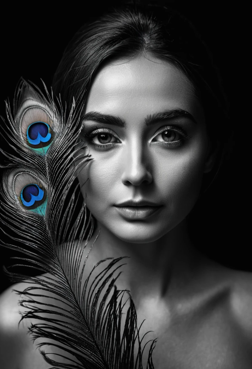 black and white, ultra clear raw photo of woman with a peacock feather, close up, dark background