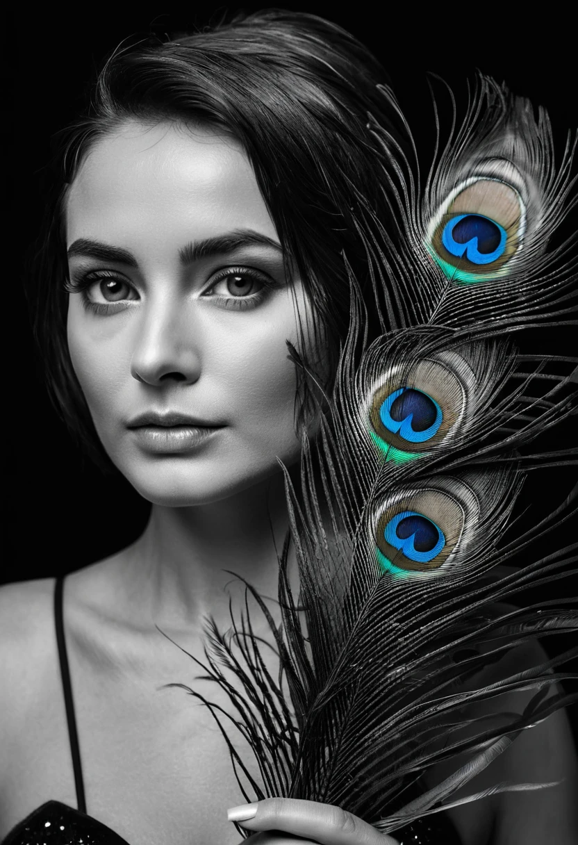 black and white, ultra clear raw photo of woman with a peacock feather, close up, dark background