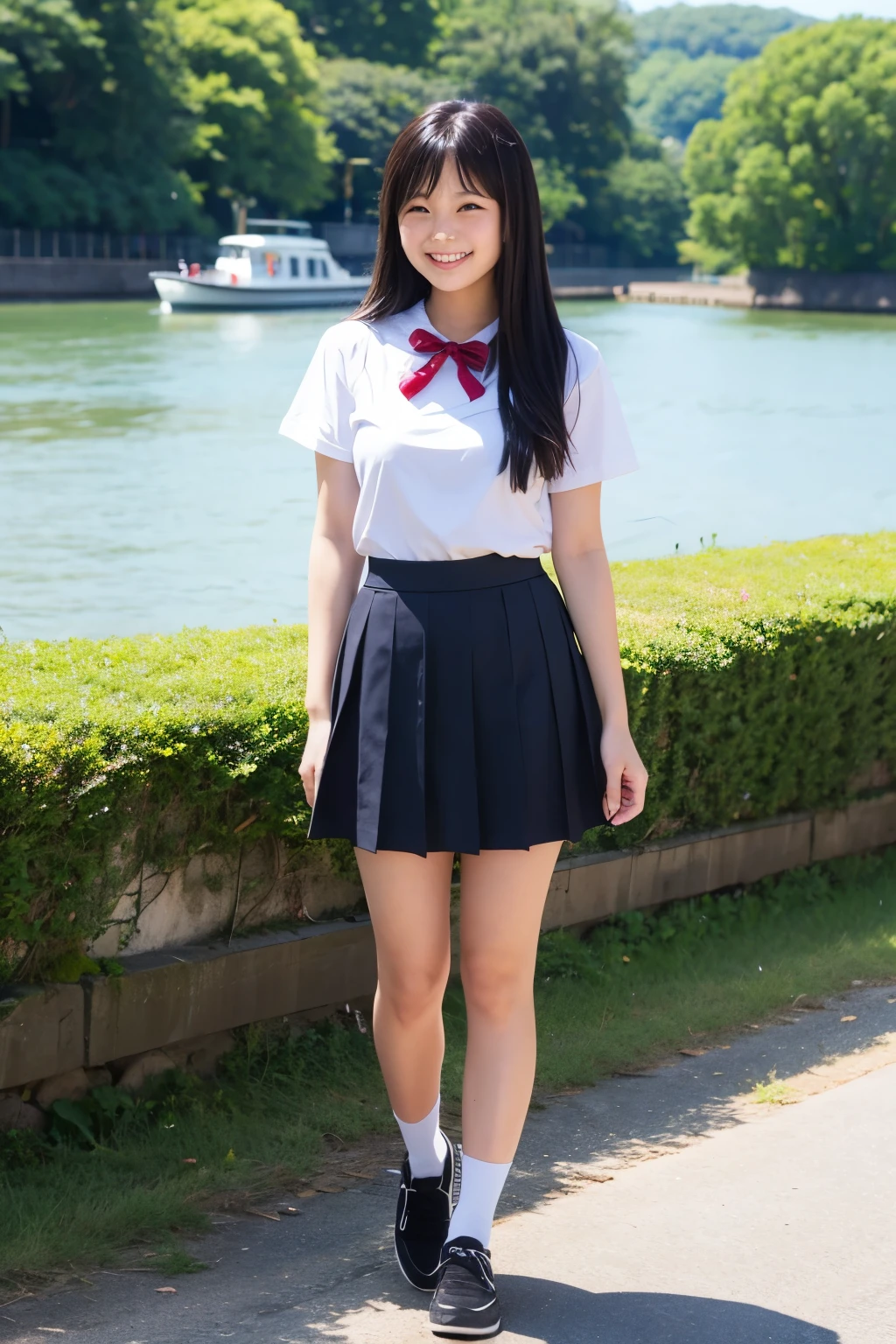 Standing near the river、Japanese high school girls、Long black hair、Smiling、Summer clotheini skirt、Full body portrait