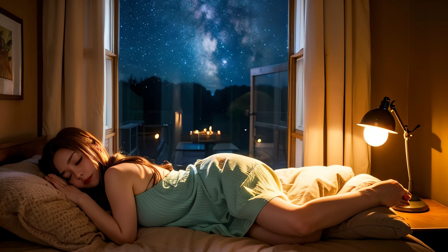 sleeping woman、sleepy anime girl、Small face、Bronze colored hair、bed、Large windows、Large windowoonlit Night、sleep、8K、Cinematic、Anime Style、The window is a starry sky、healing、暗いbedルーム、The lamp lights up。