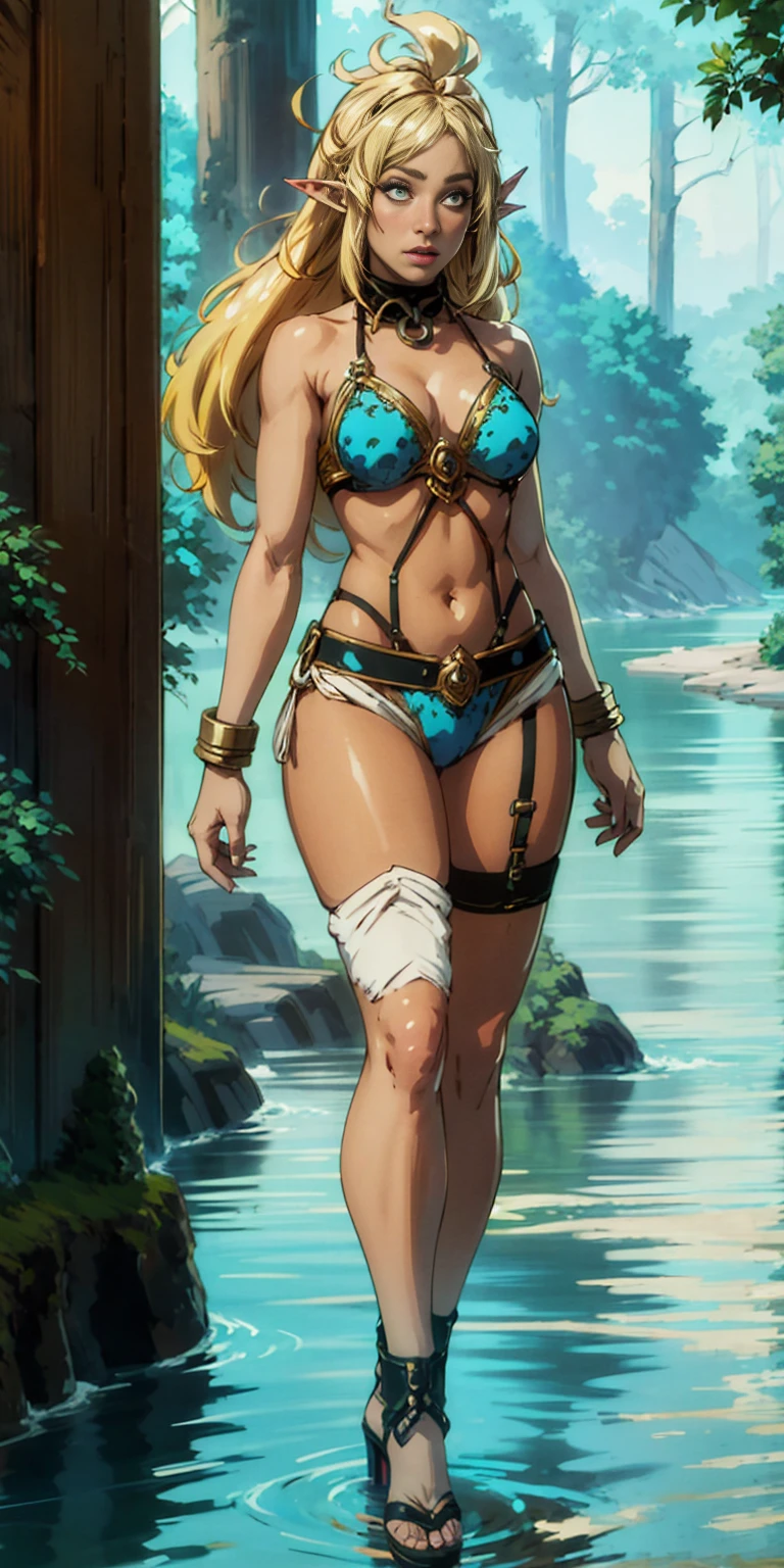 Extremely detailed Artgerm style: This sets the overall artistic style with a high level of detail. Fantasy art: This specifies the genre. Goddess of the green forest: This defines the character's role and gives context to the setting. Woman with long, elf ears: This incorporates the elf features. Black skin: This specifies the character's race. Ornate bikini armor: This combines the skimpy clothing with a fantastical, protective element. Blue high heels standing straight symmetrical: This suggests the color of the bikini and potentially the water body. Long, messy blonde hair: This adds a detail that contrasts the Artgerm style, which is typically more polished for hair.