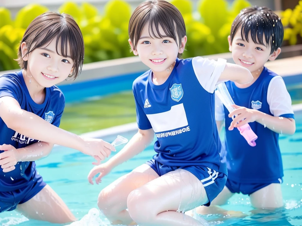 hot summer、primary school、Summer swimming pool、Have fun、Get wet all over、Japan Boy、Glowing water splashes、Pool lessons、Boy playing in water、The happy boys、Strong sunlight、Short sleeve gym uniform、Blue shorts、barefoot,Boys only 、10age、high resolution、masterpiece